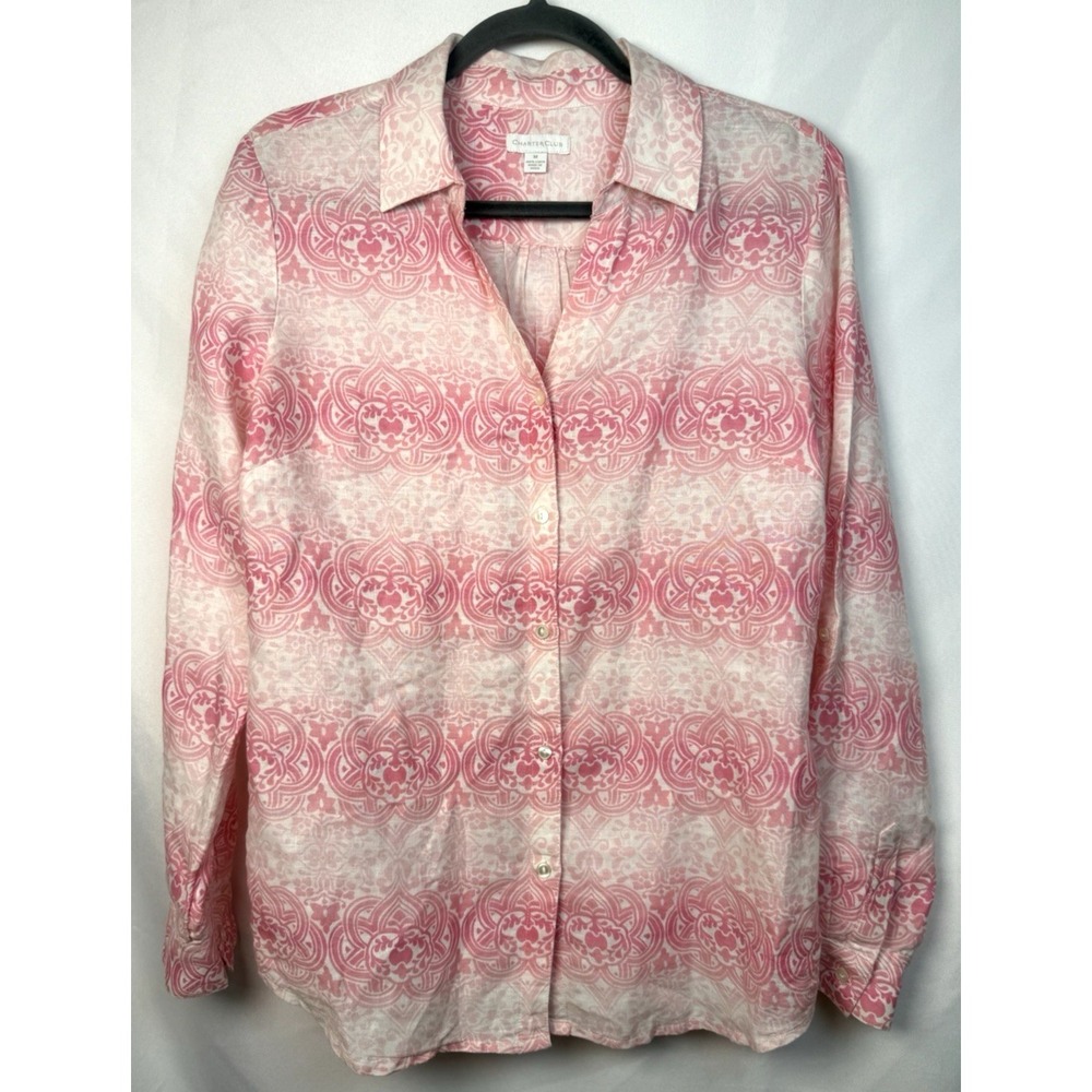 Charter Club 100% Linen Pink White Button Down Shirt Womens Size M‎
